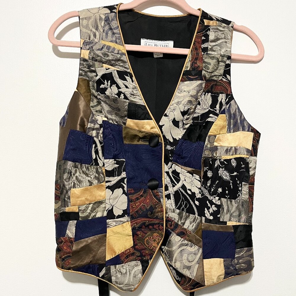 Womens VTG Silk Patchwork Vest M Artsy Indie Boho Gallery Studio Eclectic Earthy